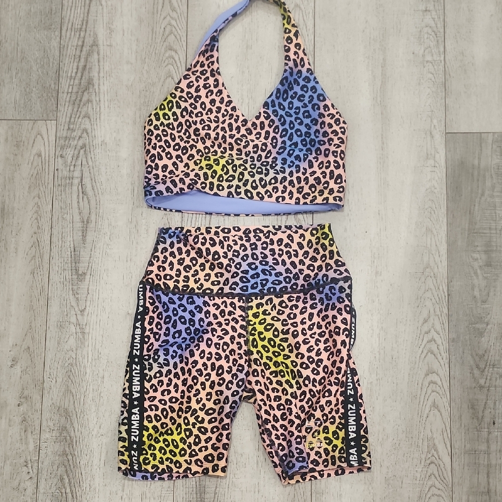 Zumba Fitness Leopard Print Shorts - Blue, Yellow, Pink
